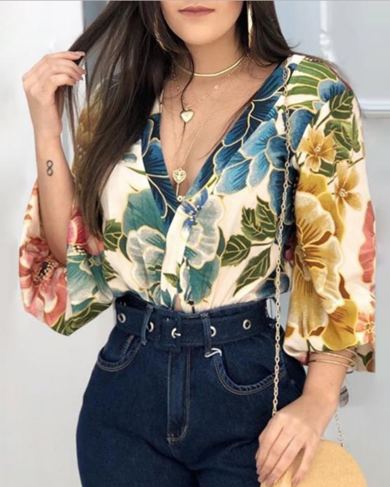 

Plunge Lantern Sleeve Backless Floral Print Blouse, Multicolor