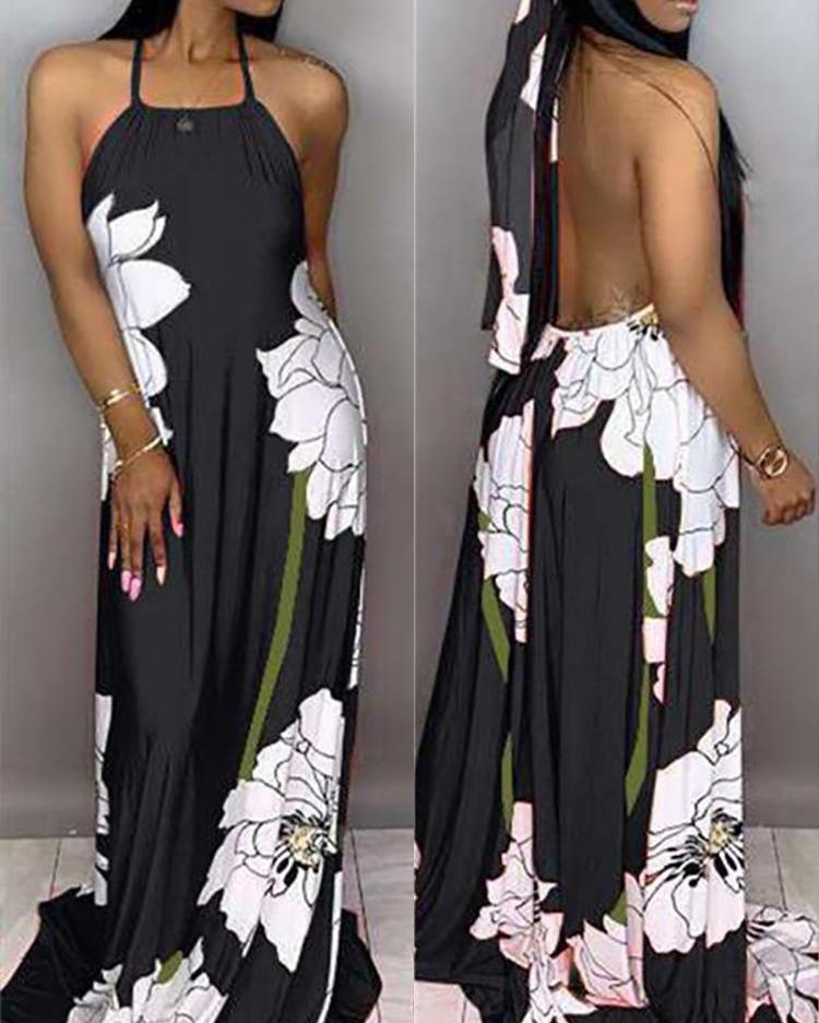 

Floral Print Halter Open Back Maxi Dress, Black