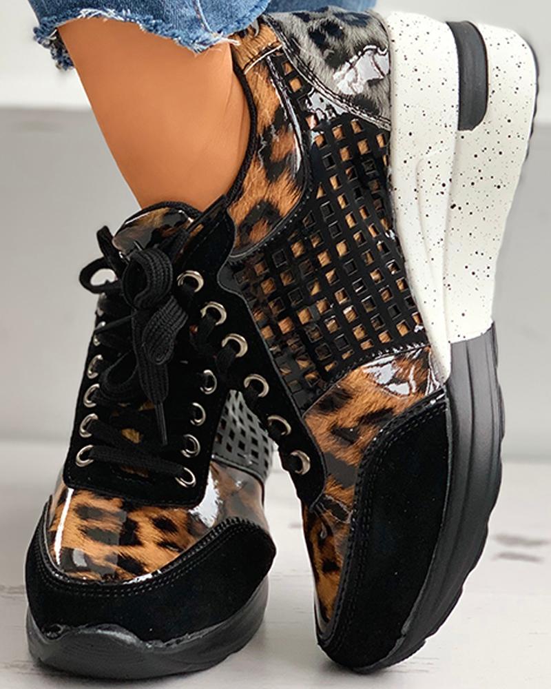 

Cheetah Print Eyelet Lace-Up Wedge Sneakers, Leopard