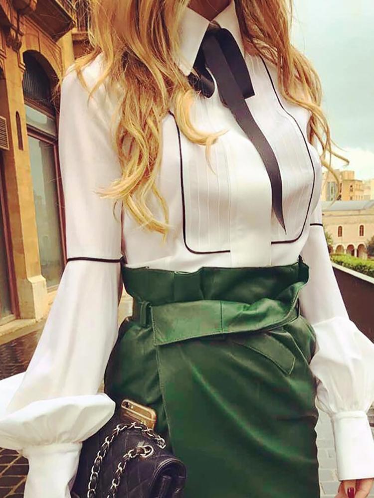 

Fashion Tie Neck Lantern Sleeve Blouse, White