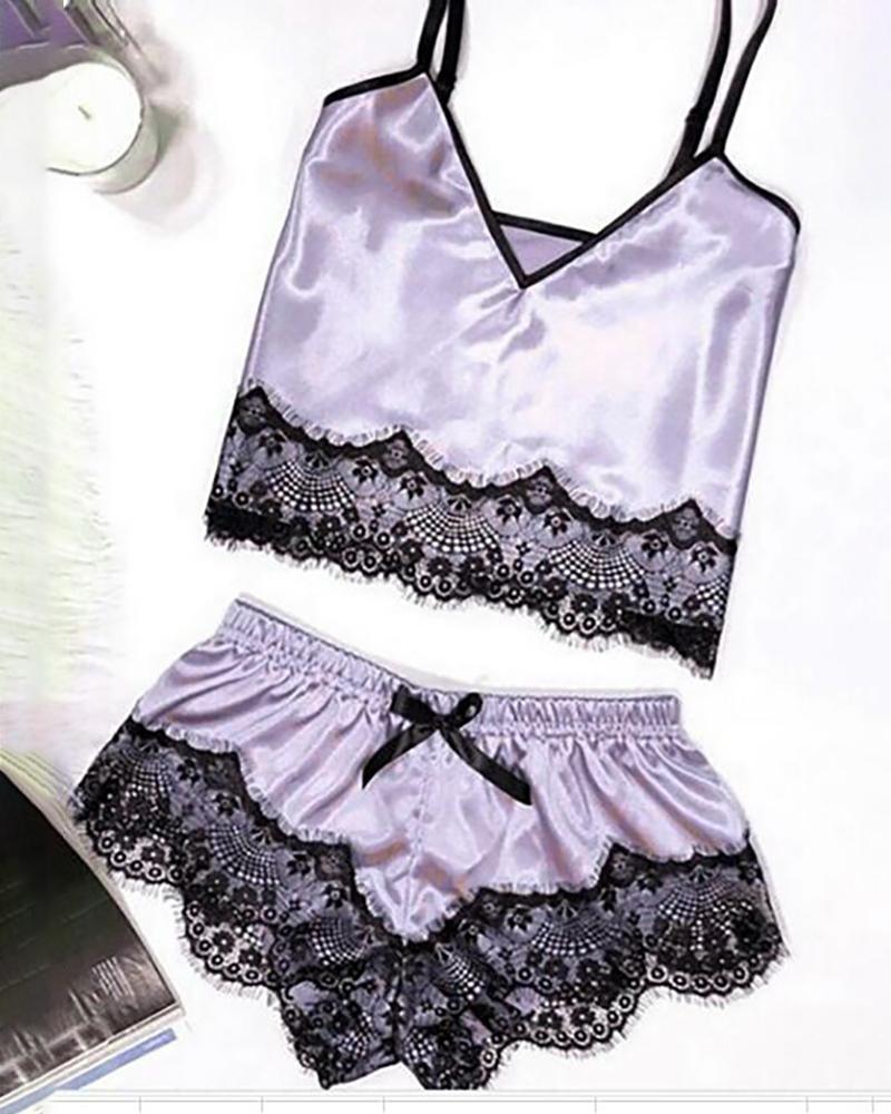 

Eyelash Lace Low Cut Cami Set, Purple