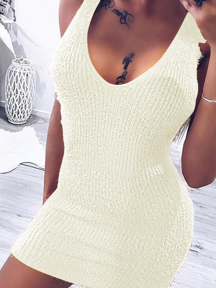 

Solid Fluffy U-Neck Bodycon Dress, White