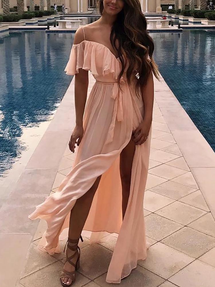 

Ruffles Off Shoulder Thigh Split Casual Dress
