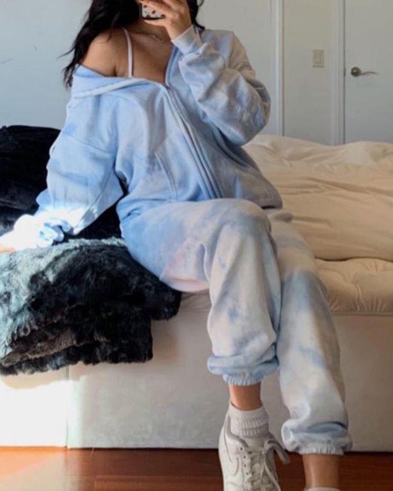 

Tie Dye Print Pocket Design Hooded Top & Pants Set, Light blue