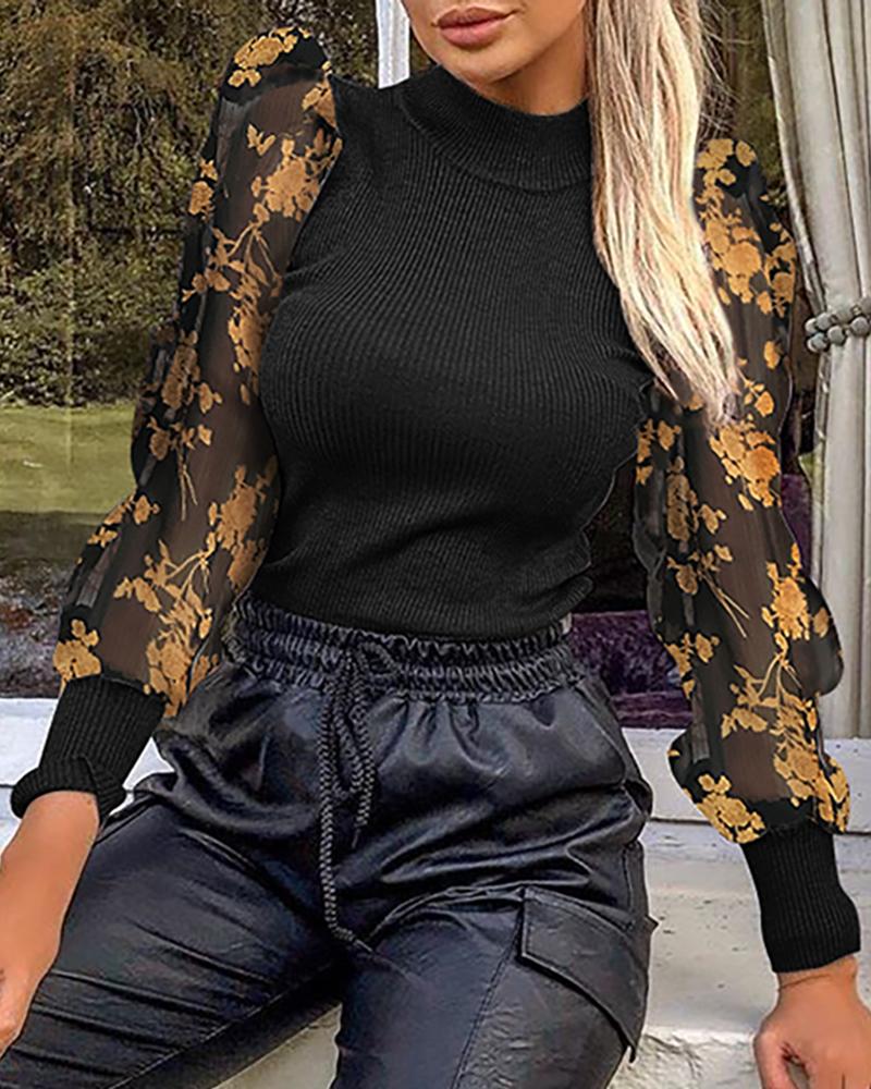 

Mock Neck Puff Sleeve Mesh Insert Floral Print Ribbed Blouse, Black