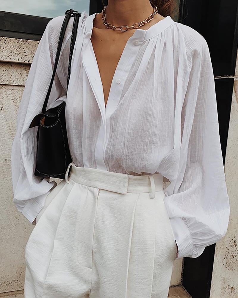 

Solid Long Sleeve Ruched Casual Blouse