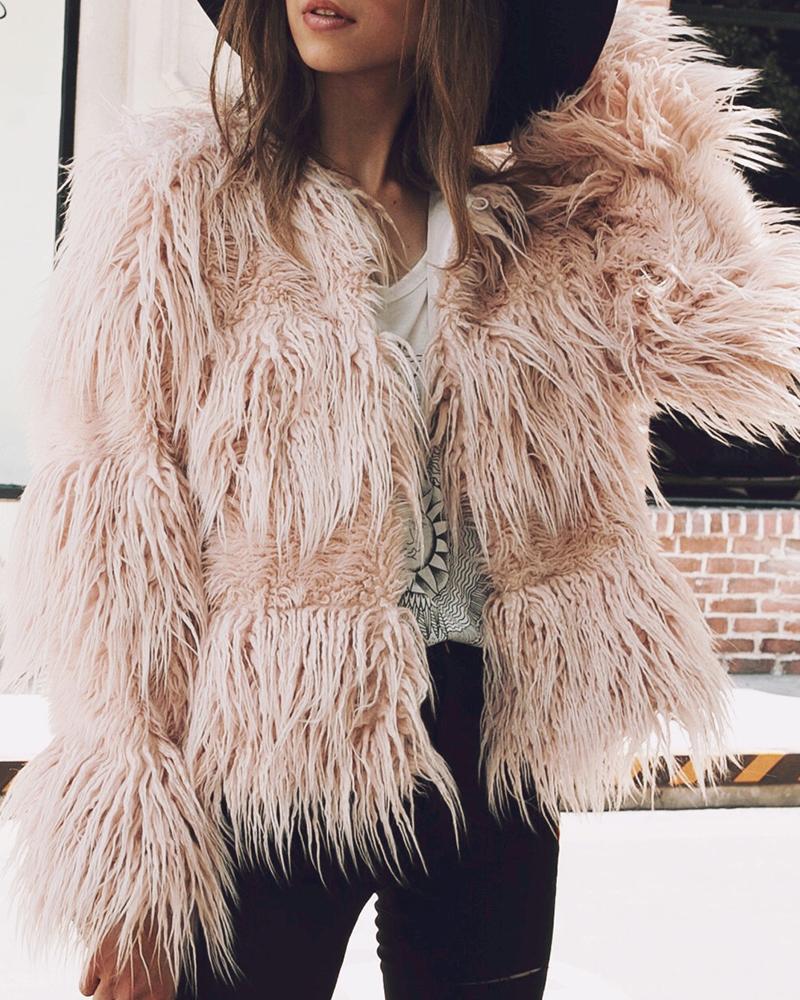 

Solid Open Front Fur Fluffy Coat, Pink
