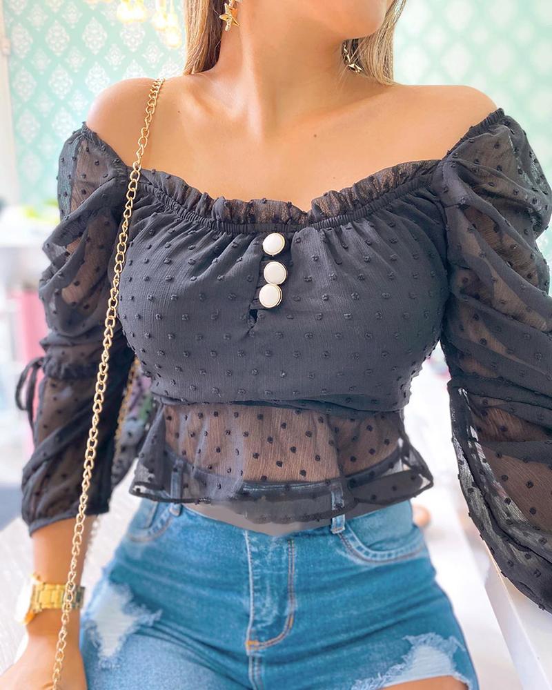 

Off Shoulder Sheer Mesh Swiss Dot Ruched Top, Black
