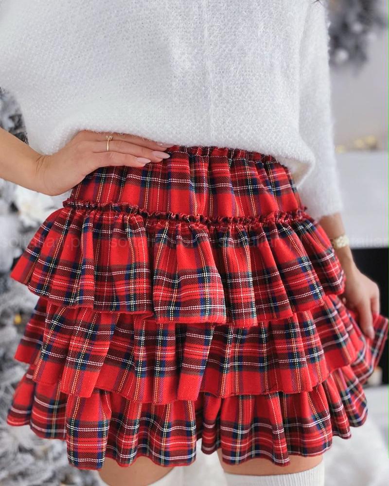 

Plaid Ruffles Layered Skirt, Red