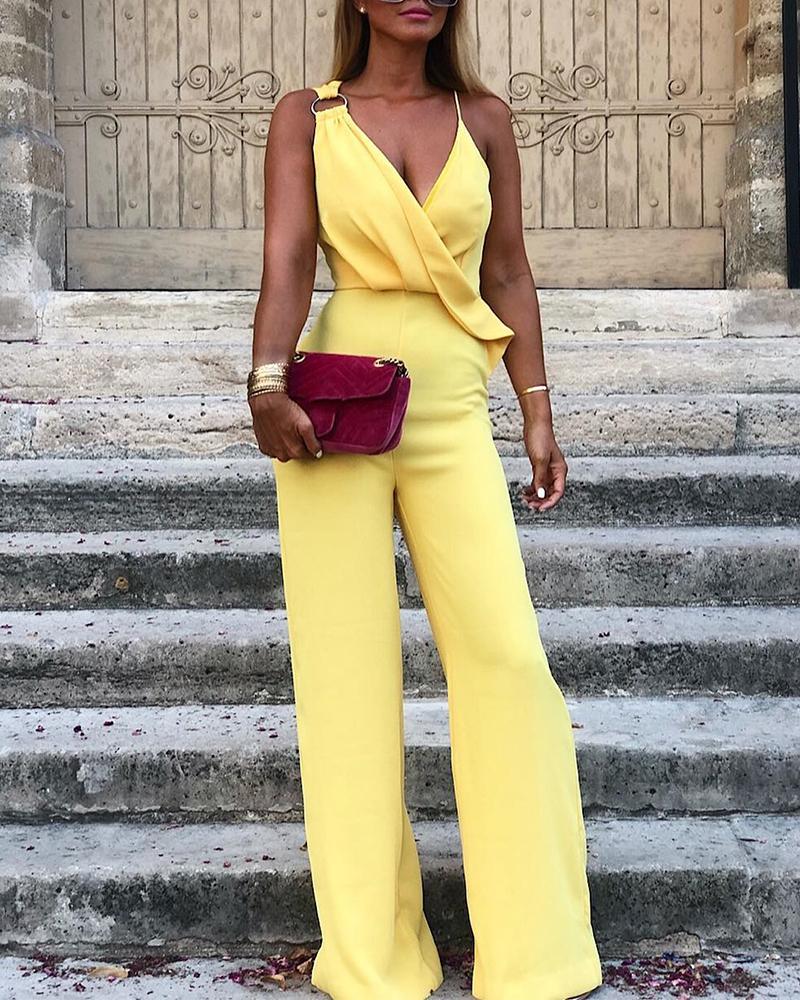 

V Neck Wide Leg Jumpsuit, Yellow