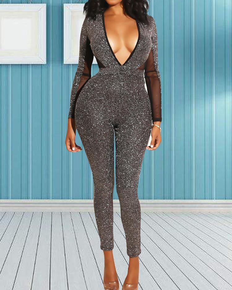 

Shiny Sequins Plunge Mesh Splicing Jumpsuits, Silver