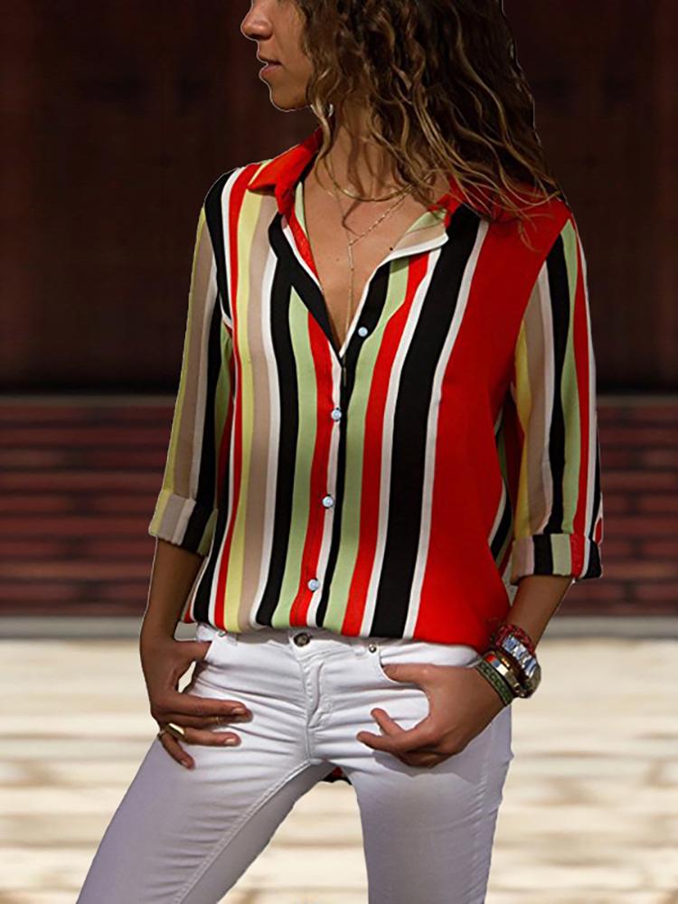

Contrast Stripes Long Sleeve Casual Blouse, Red
