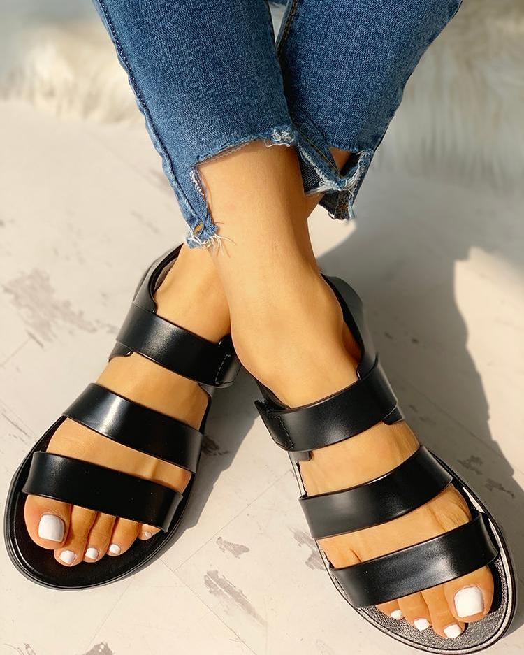 

Multi-strap Open Toe Non-Slip Flat Sandals, Black