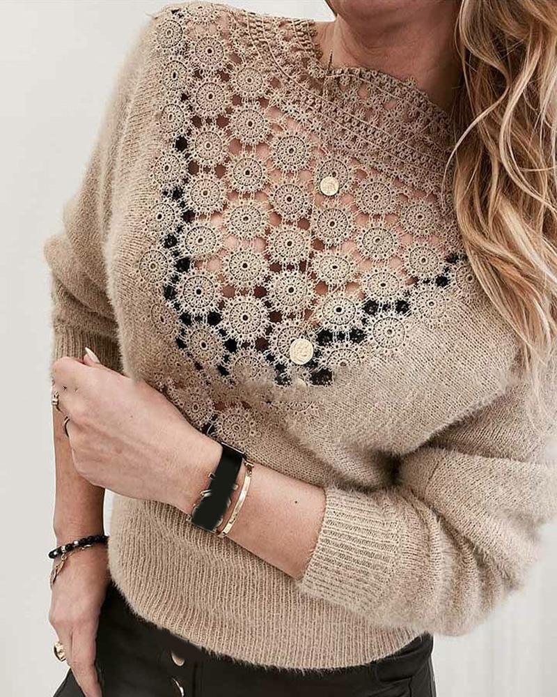 

Fluffy Lace Long Sleeve Casual Sweater, Khaki