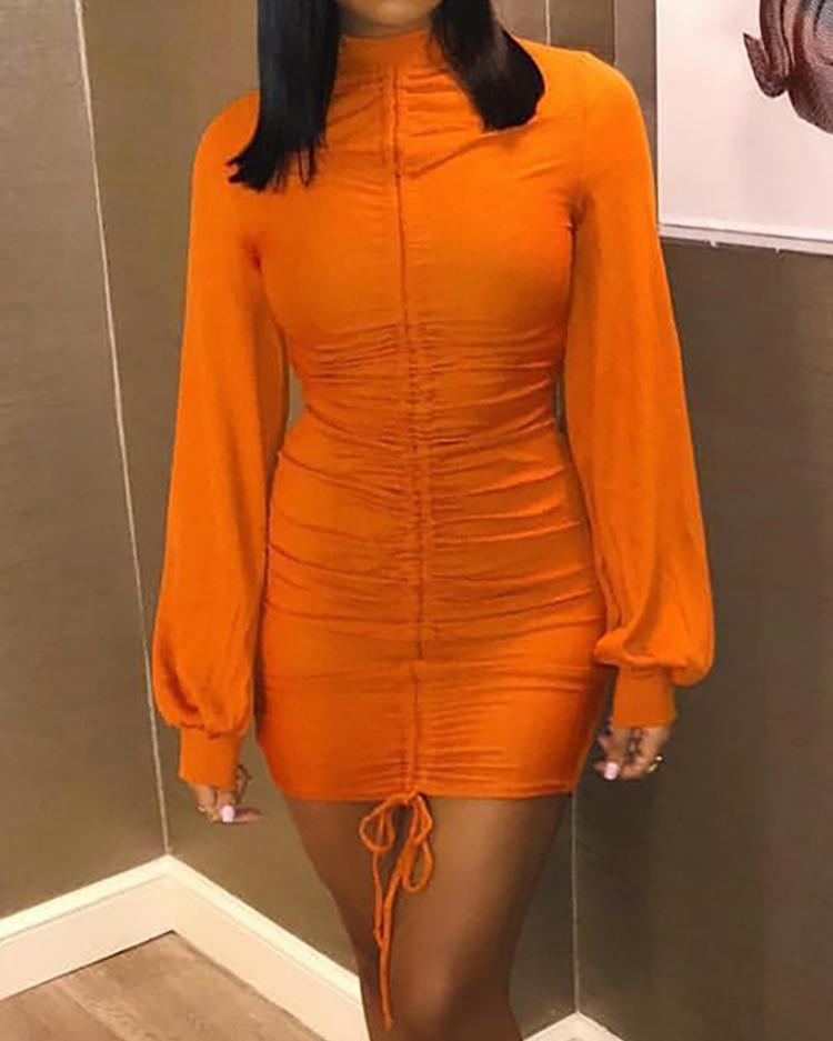 

Drawstring Ruched Lantern Sleeve Bodycon Dress, Orange
