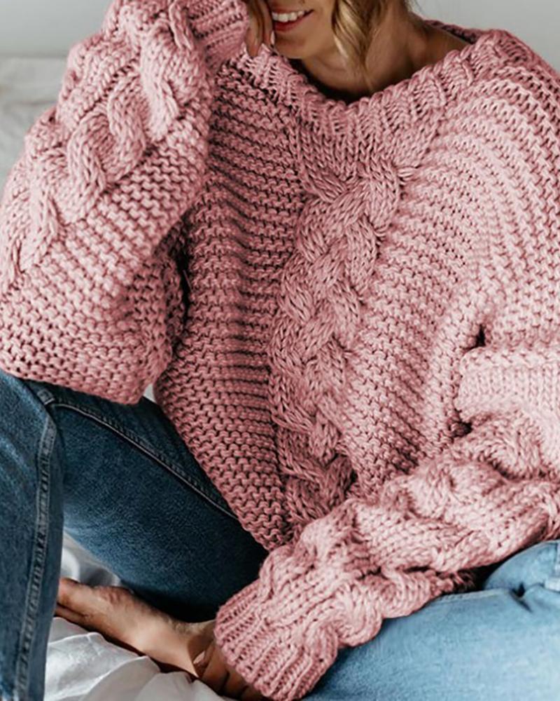 

Solid Braided Knitted Casual Loose Sweater, Pink