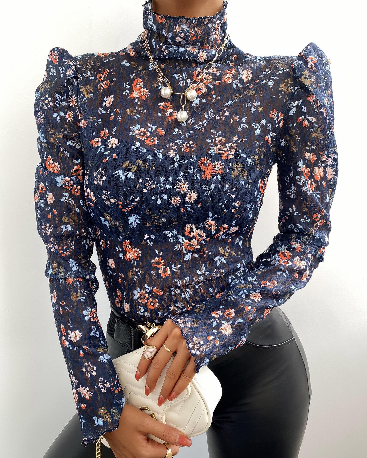 

High Neck Floral Print Long Sleeve Blouse, Purplish blue
