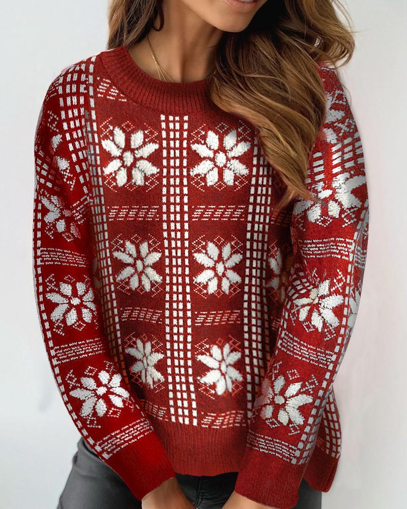 

Christmas Snowflake Pattern Fluffy Sweater, Red
