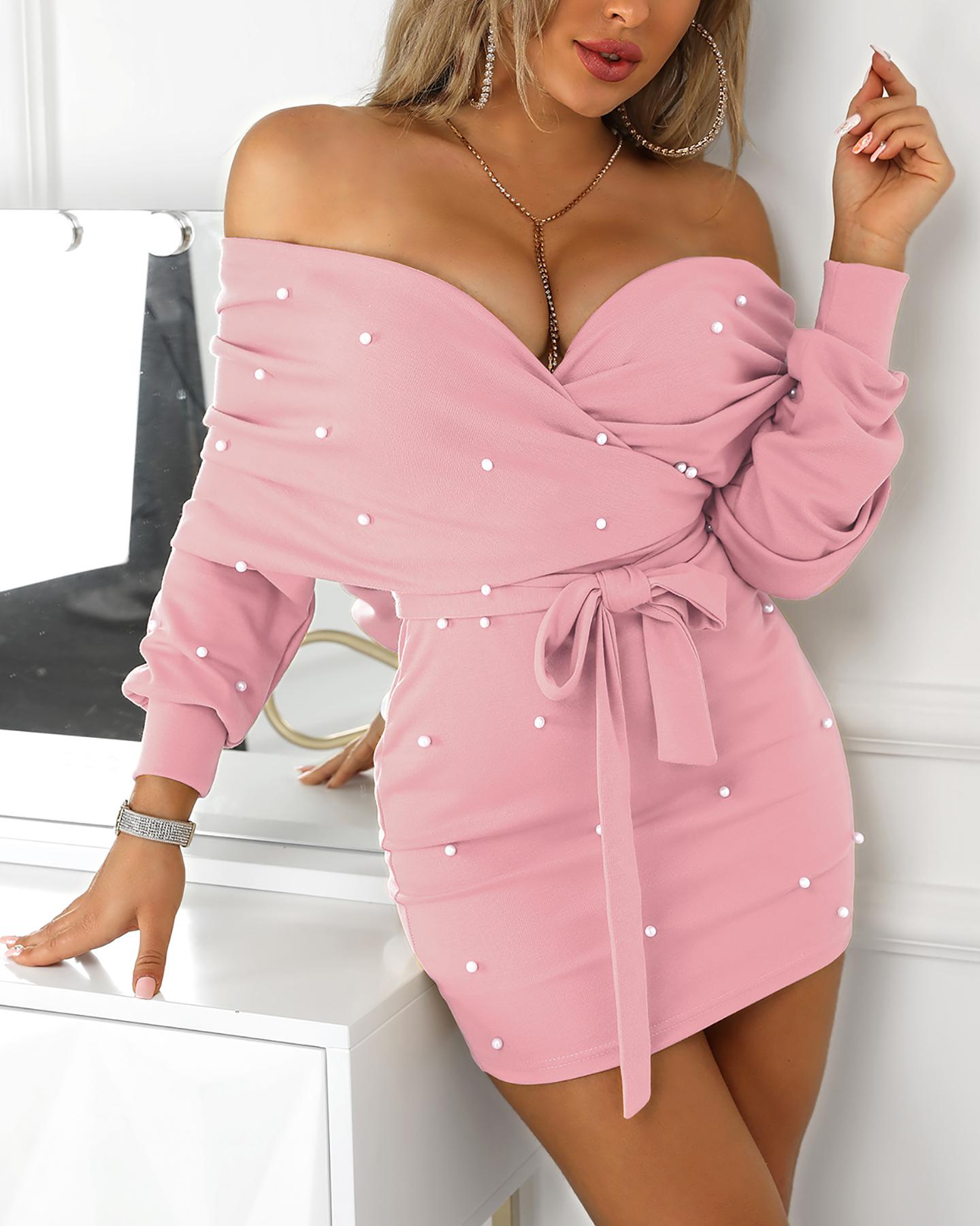 

V Neck Beaded Design Lantern Sleeve Bodycon Dress, Pink