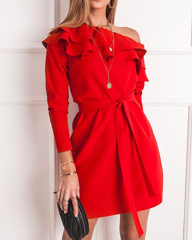 

One Shoulder Ruffle Trim Dress, Red