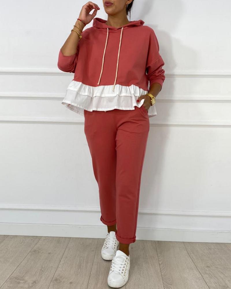 

Ruffles Hem Long Sleeve Hooded Top & Drawstring Pants Set, Red