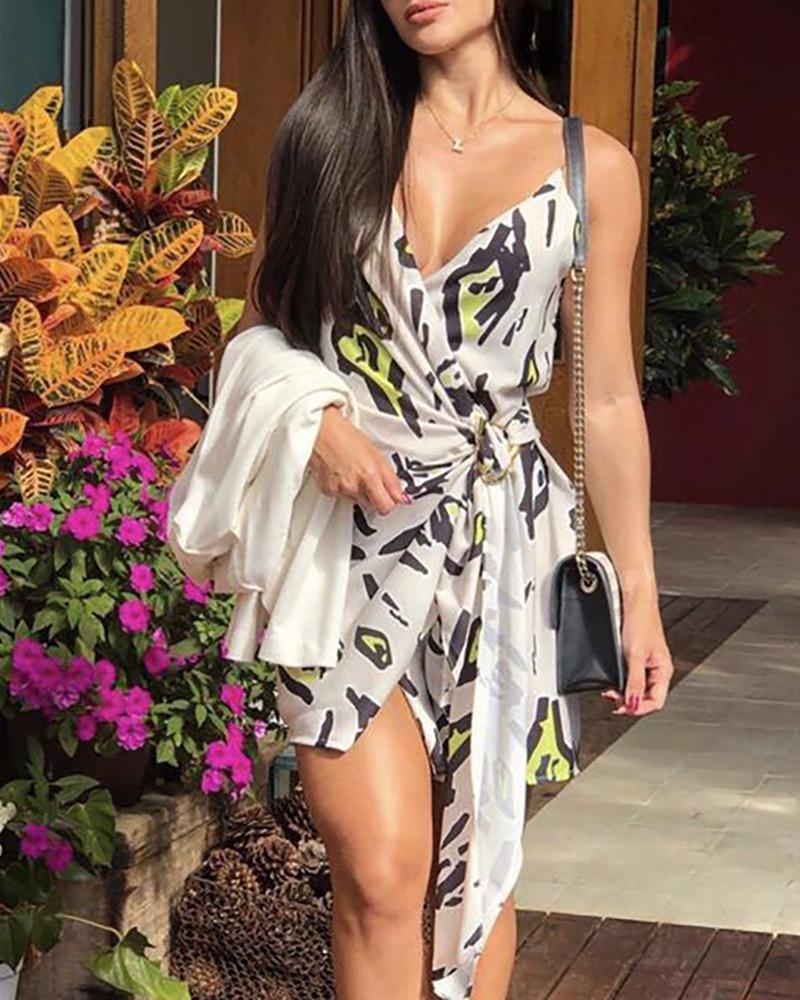 

Spaghetti Strap V-Neck Wrap Print Dress