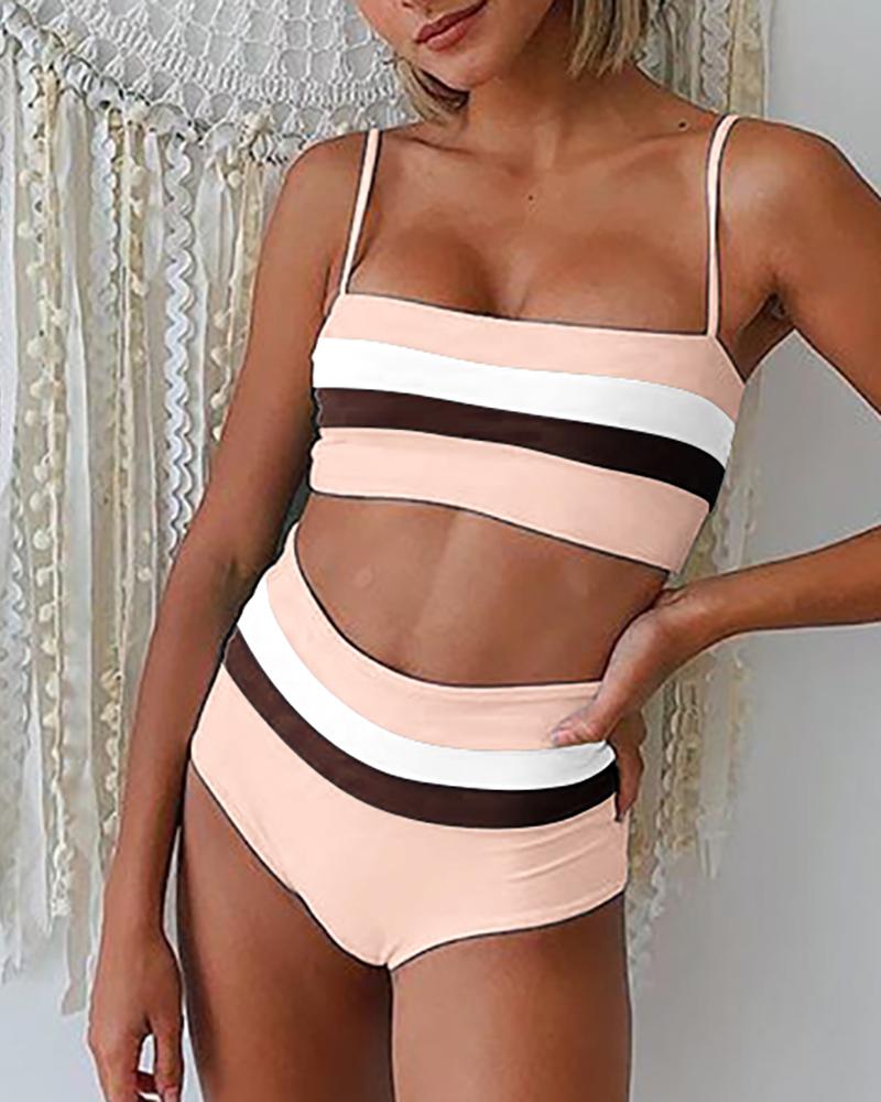 

Striped Colorblock High Waist Bikini Sets, Pink