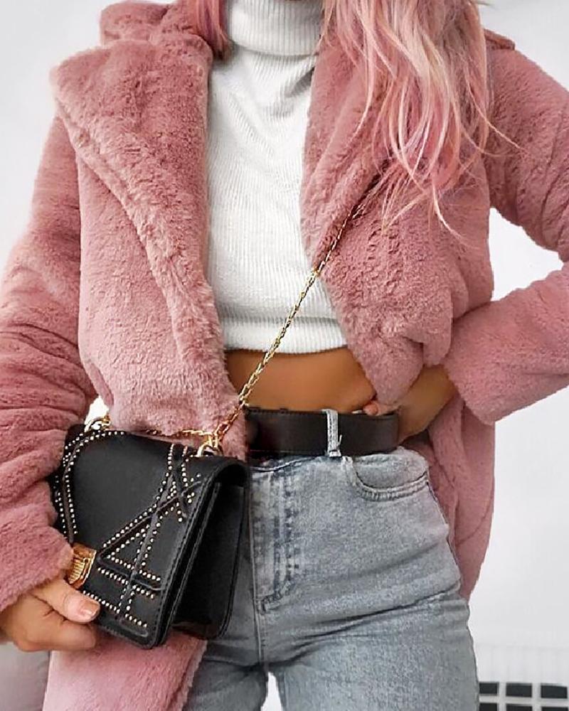 

Plain Fluffy Long Sleeve Faux Fur Coat, Pink