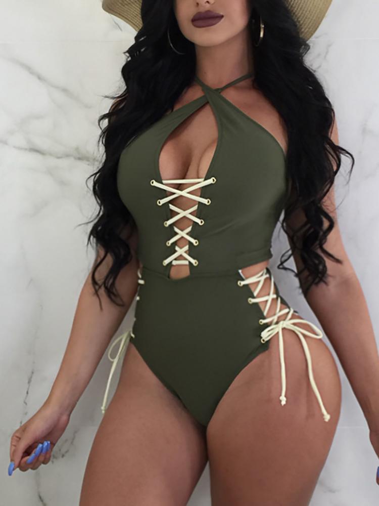 

Criss Cross Halterneck Lace-Up One-Piece Swinmwear