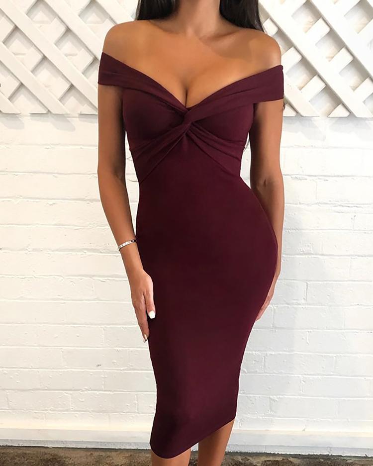 

Off Shoulder Twisted Front Bodycon Dress, Wine red