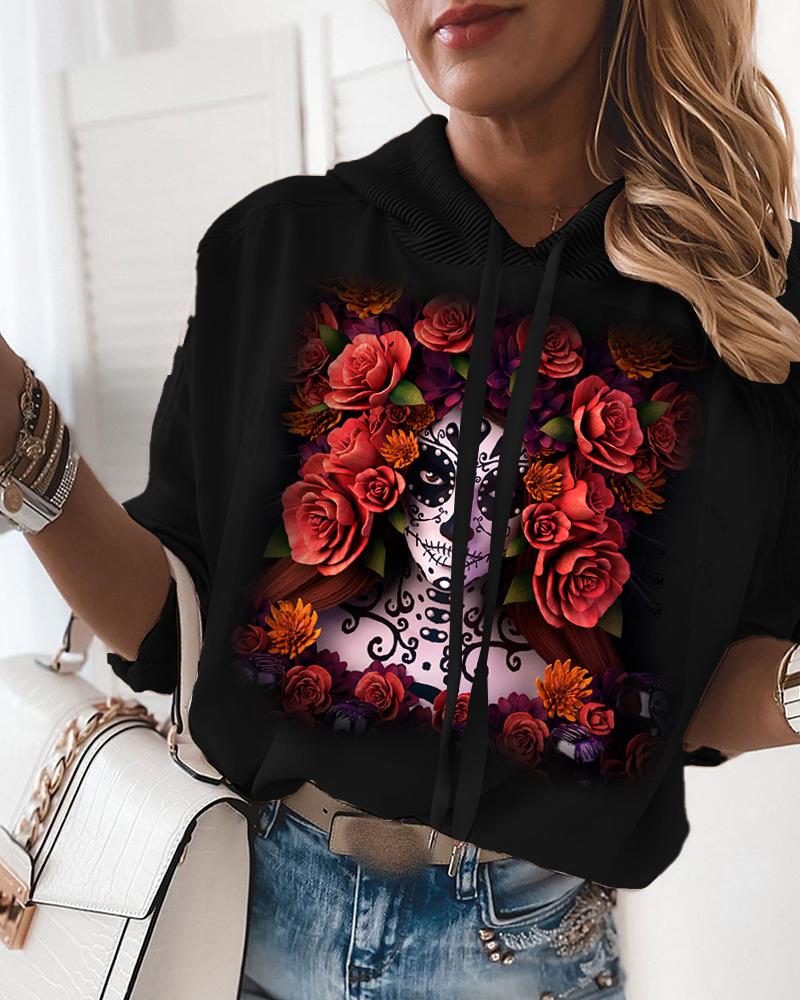 

Halloween Floral Ghos Print Casual Hoodie, Black