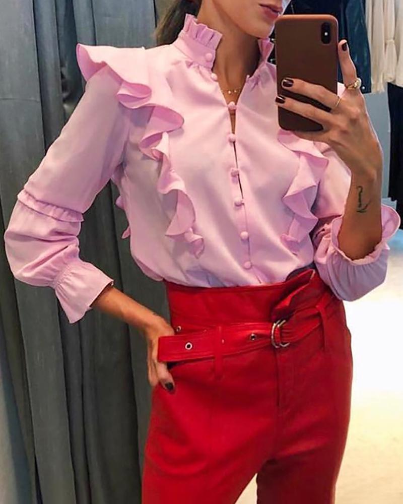 

Solid Long Sleeve Buttoned Ruffles Blouse, Pink