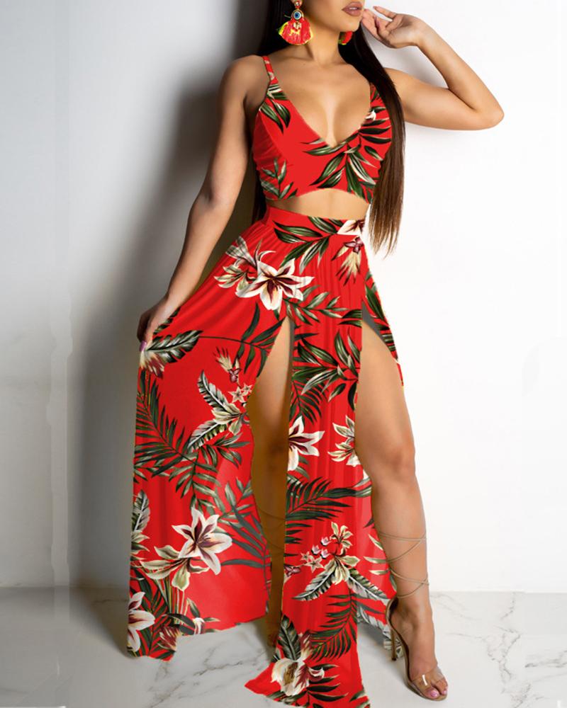 

Tropical Print Cami Top & Thigh Slit Skirt Sets, Red