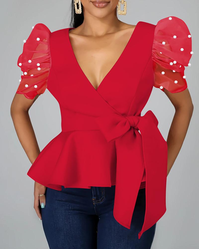 

Beaded Puffed Sleeve Ruffles Blouse, Red