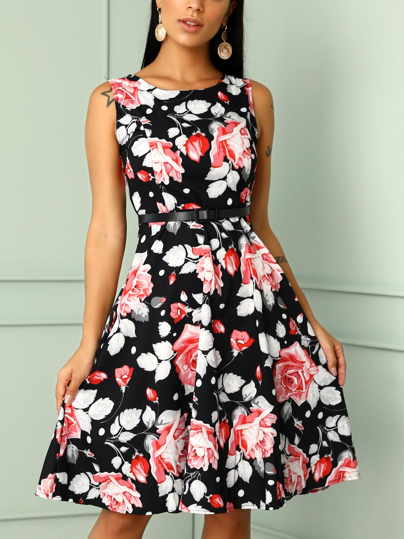 

Floral Print Sleeveless Belted Pleated Dress, Black