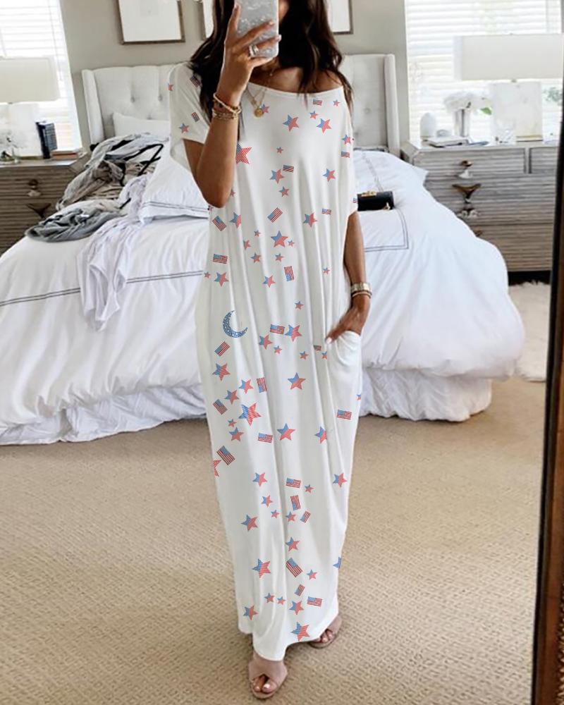 

Stars Flag Print Short Sleeve Casual Dress, White