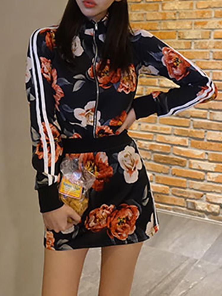 

Floral Print Striped Tape Jacket & Skirt Sets, Black