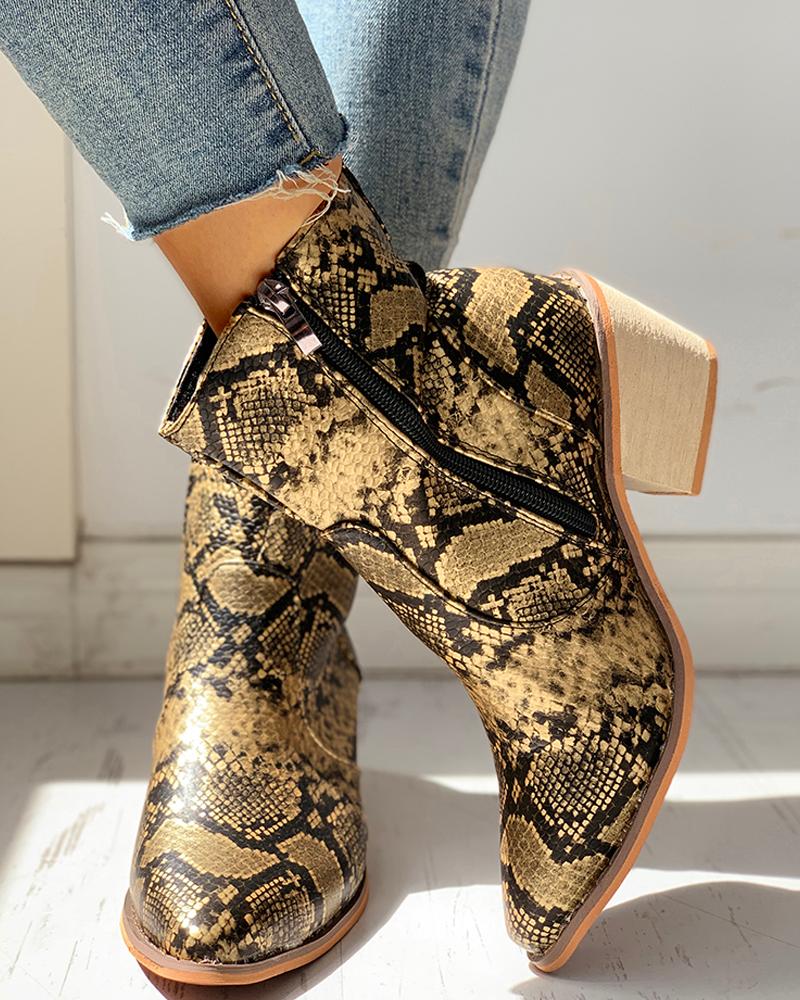 

Pointed Toe Snakeskin Zipper Design Chunky Heeled PU Boots, Yellow
