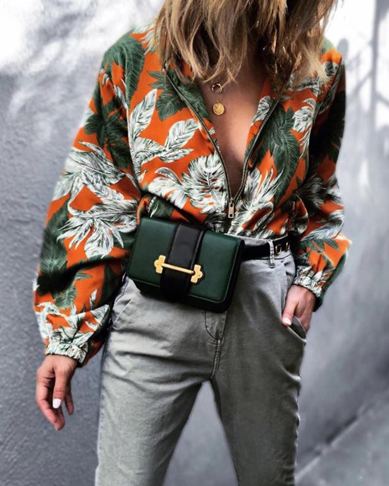 

Floral Front Zip Long Sleeve Tops, Green