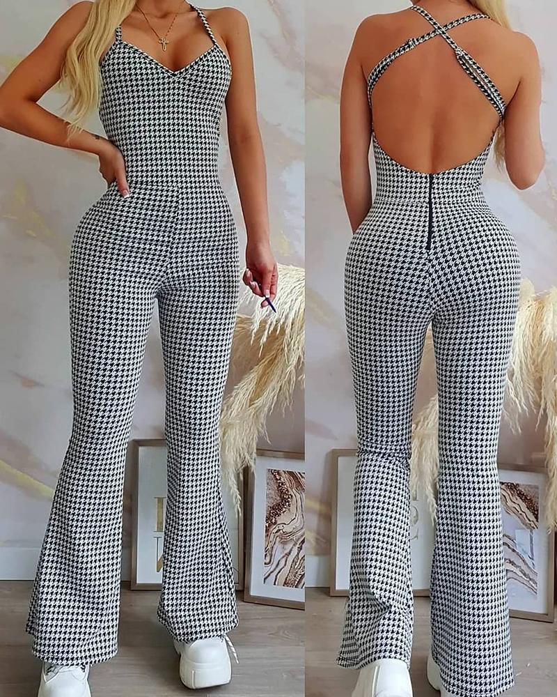 

Houndstooth Print Backless Casual Jumpsuit, White