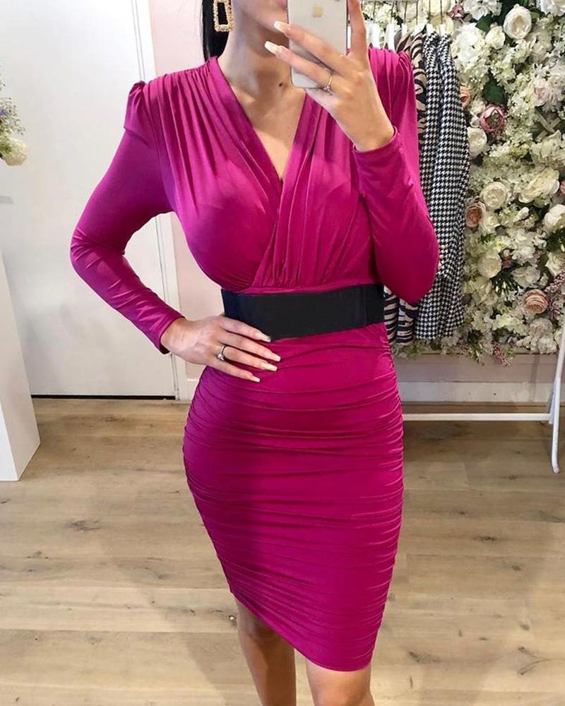 

Solid V-Neck Ruched Bodycon Dress, Hot pink