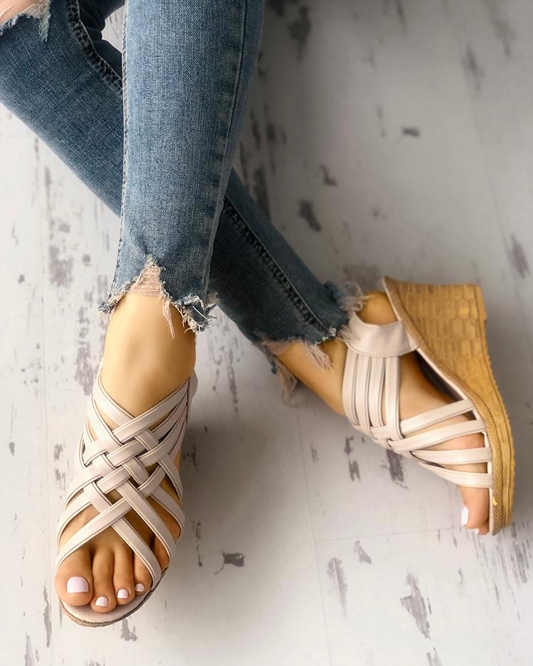 

Multi-strap Criss Cross Platform Wedge Sandals, Apricot
