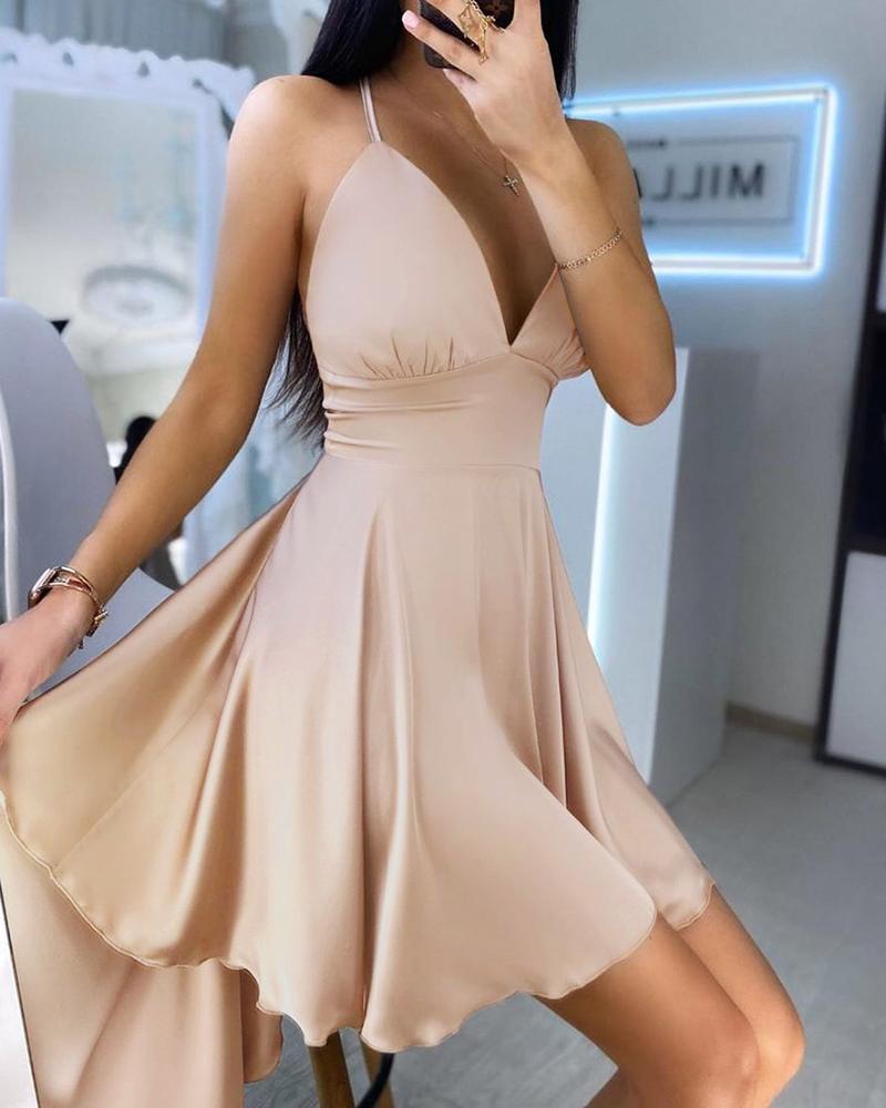 

Spaghetti Strap Dip Hem Skater Dress, Nude