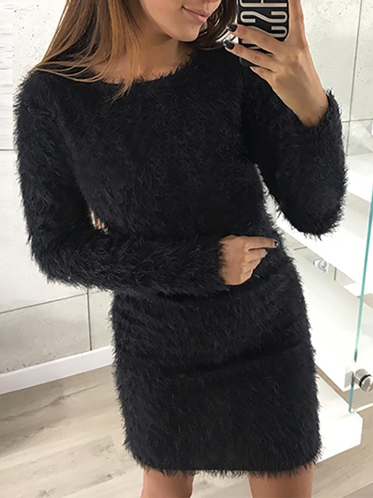 

Trendy Plain Fluffy Long Sleeve Bodycon Dress - Black
