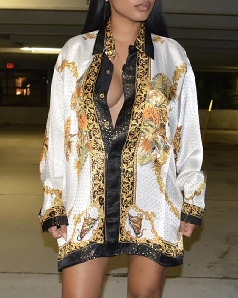 

Scarf Print Long Sleeve Shirt Dress, White