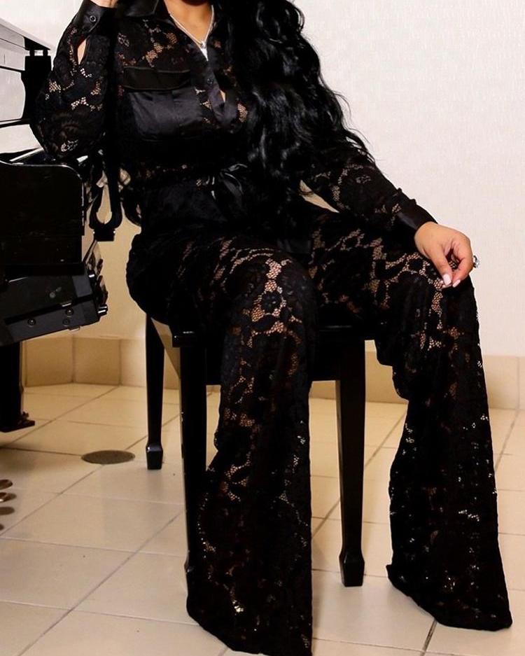 

Floral Lace Insert Shirt & Wide Leg Pant Sets, Black