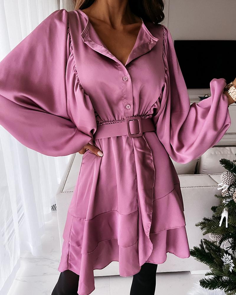 

Satin Ruffles Lantern Sleeve Shirt Dress, Purple