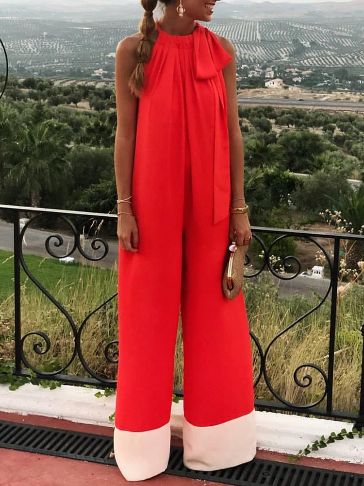 

Contrast Color Tie Neck Wide Leg Jumpsuit