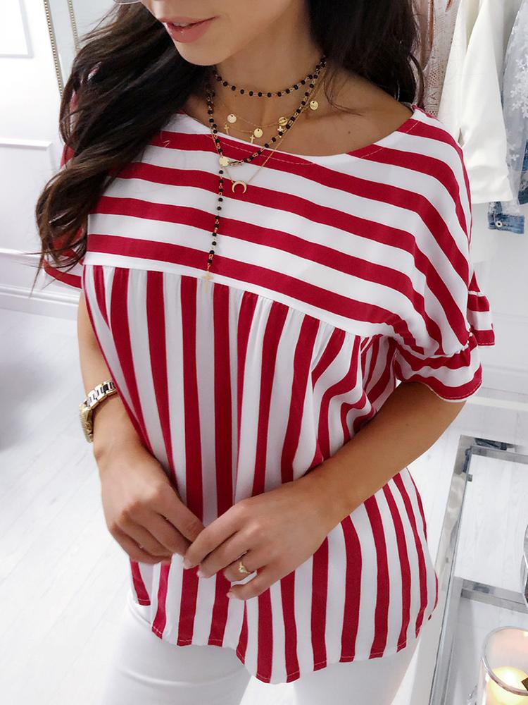 

Casual Striped Ruffles Sleeve Loose Top, Red