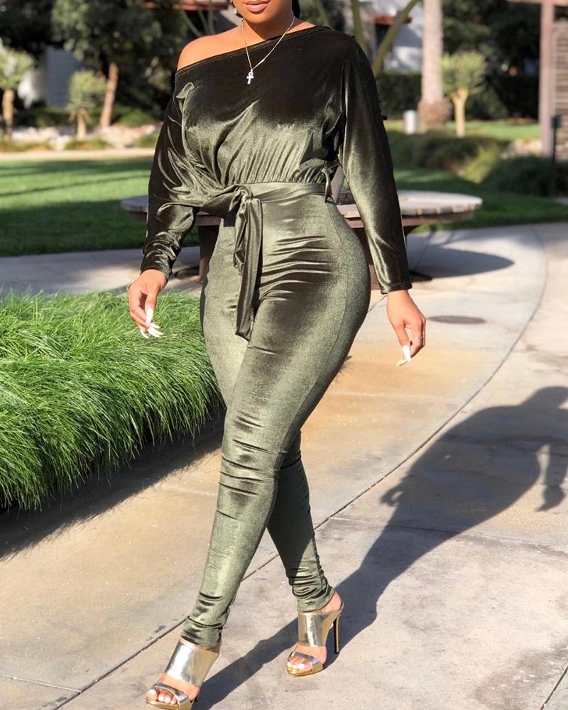 

Solid Off Shoulder Ruched Jumpsuit, Green